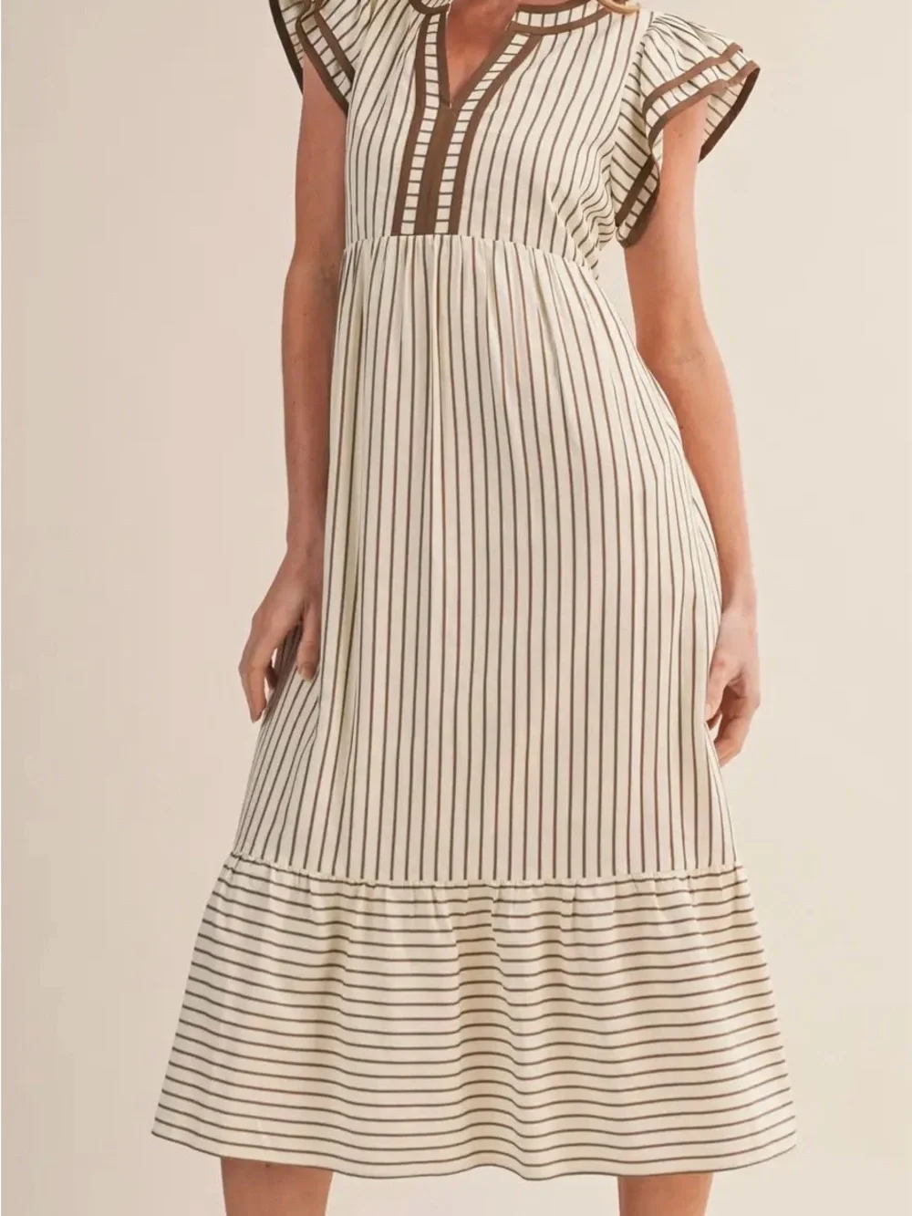 Striped Ivory and Brown Midi Dress